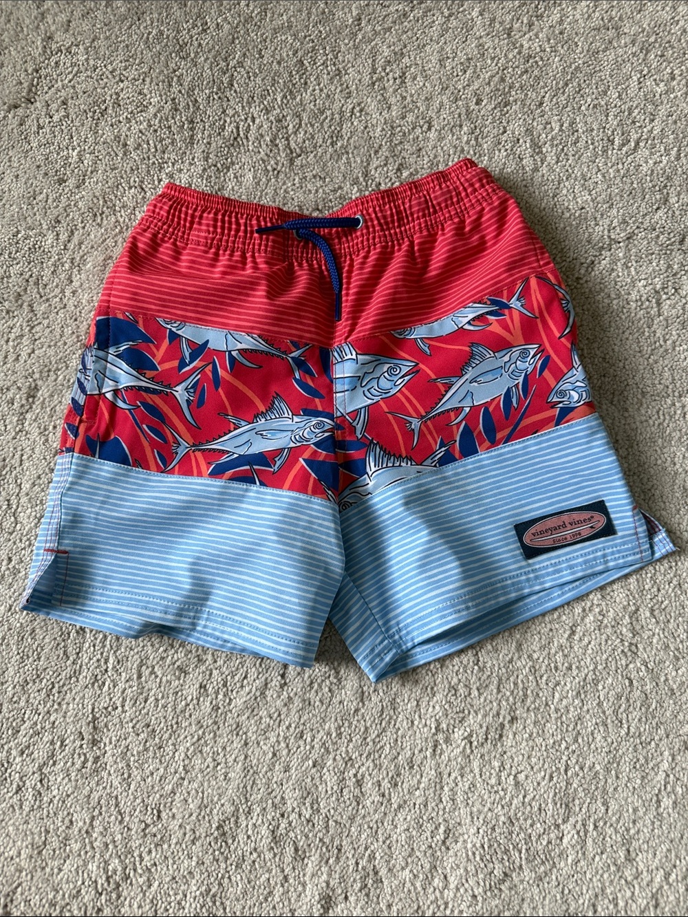 Vineyard Vines Red & Light Blue Fish Panel Swim Shorts